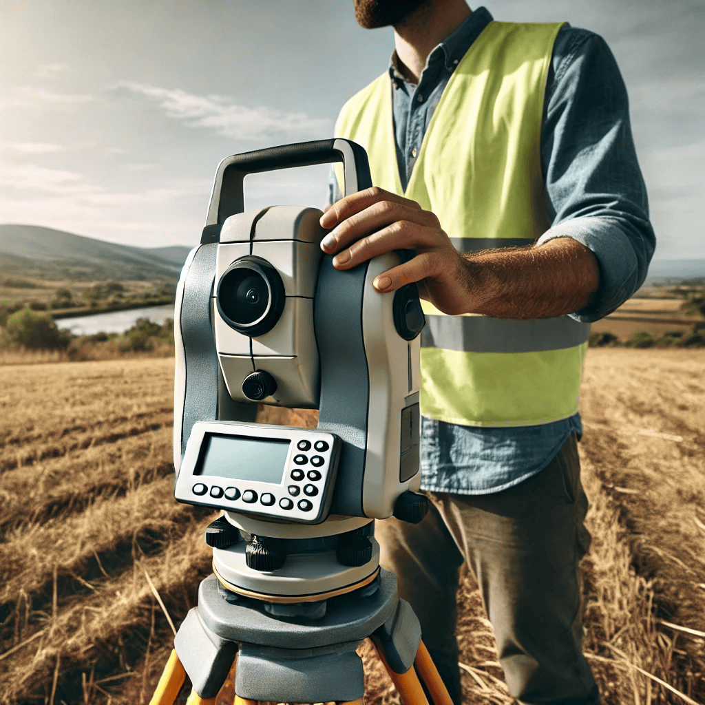 Servicios de Peritación y Consultoría topográfico, ingeniero topógrafo manipulando una estación de medición topográfica